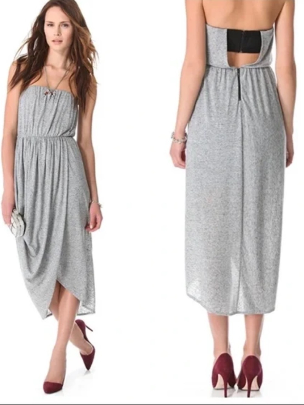 Alicia + Oliva Strapless Maxi Dress in Heather Gray with Black.